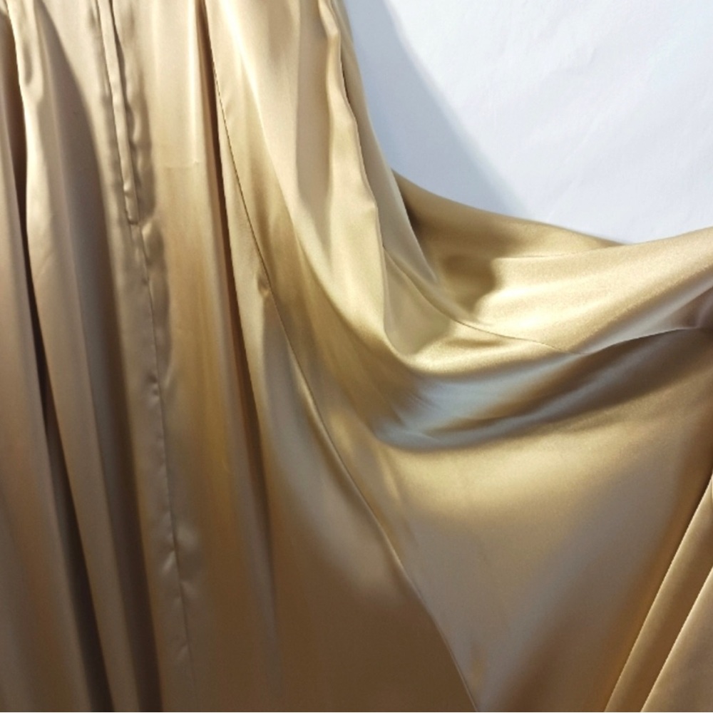 David's Bridal GOLDEN SATIN V-Neck Spaghetti Strap Formal Gown Event Maxi Dress - Picture 9 of 12